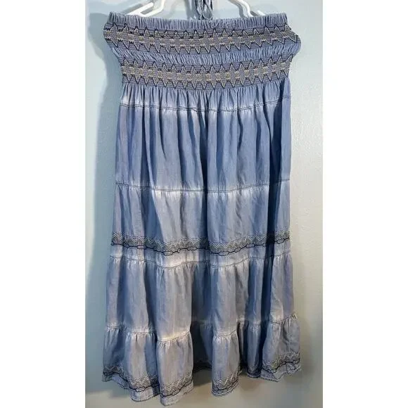 Indigo & Lace Women's XL Tiered Strapless Maxi Dress Stretch Top Tie Neck - Picture 5 of 7